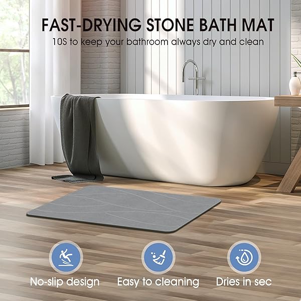VEELOIM STONE BATH MAT DIATOMACEOUS EARTH SHOWER MAT NON-SLIP SUPER ABSORBENT DIATOMITE STONE BATH MATS FOR BATHROOM FLOOR QUICK DRYING NATURAL EASY TO CLEAN(23.6”×15.4″ GRAY)
