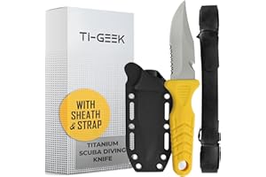 TI GEEK Titanium Survival Scuba Diving Fixed Blade Knife with Sheath & Straps - Holster on Divers BCD, Thigh/Leg, GC Belt Buckle or Wrist, Cutting, Serrated Edge & Line Cutter - Yellow Drop Point