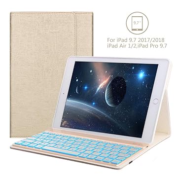 BORIYUAN Bluetooth Tastatur Hülle für iPad 2018 - iPad 2017 - iPad Air 2/1 - iPad Pro 9.7-7 Farben Hinterleuchtet Bluetooth D