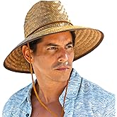 Panama Jack Mens Lifeguard Hat - Handwoven Palm Fiber Straw, 5" Big Brim Sun Hat, Chin Cord
