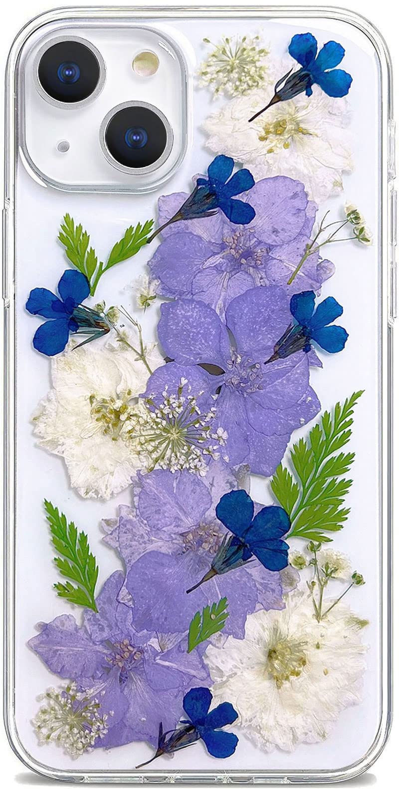 Efitoo Designed for iPhone 14 Plus Case Floral Design Cute Clear Real Dry Pressed Flower Bling Glitter Sparkle Soft Silicone TPU Aesthetic Phone Cover for Women Girls (Navy Flower)