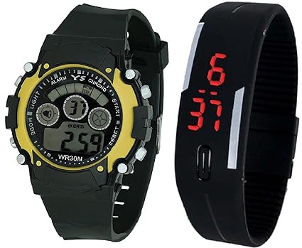 Pappi Boss Sports Digital Yellow Dial Sports Watch & Unisex Silicone Black Led Digital Watch for Unisex and Kids - Digital Watches Combo