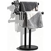 Hand Towel Holder, NEWRAIN Double Countertop Hand Towel Holder Stand, Stainless Steel Free Standing Hand Towel Rack with Heavy Base, for Bathroom Kitchen & Counter top, Matte Black