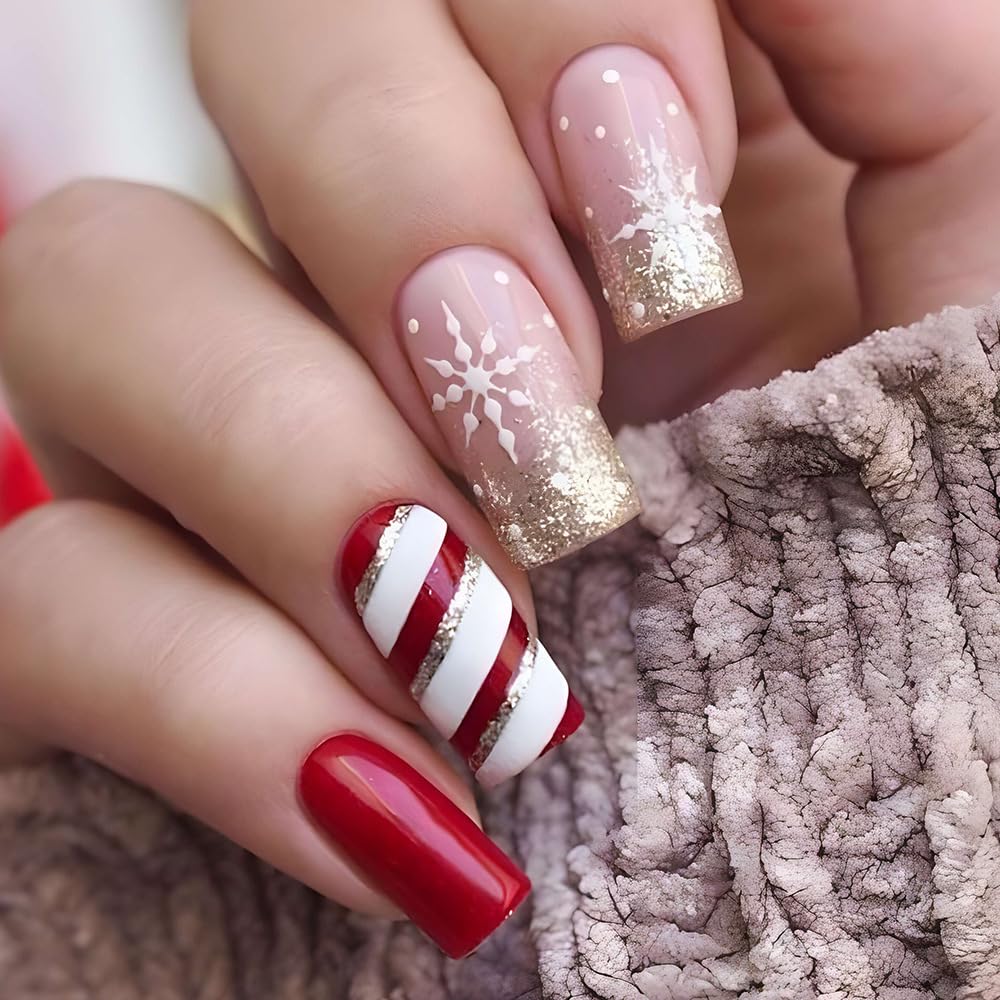 Brishow Short False Nails Gold Glitter Press on Nails Red Stick on Nails Ballerina Acrylic Fake Nails 24pcs for Women and Girls (8)