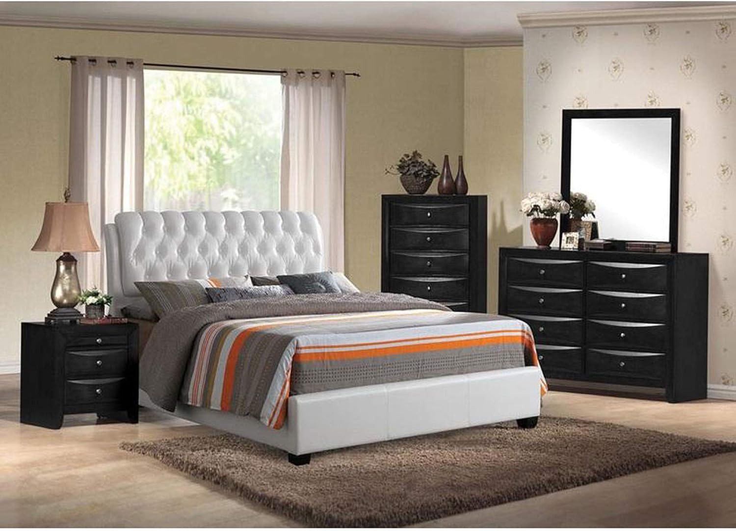 Esofastore Classic Modern Bedroom Furniture 4pc Set Full Size Bed Dresser Mirror Nightstand White Color Birch Veneer Wood Home Kitchen Bedroom Sets