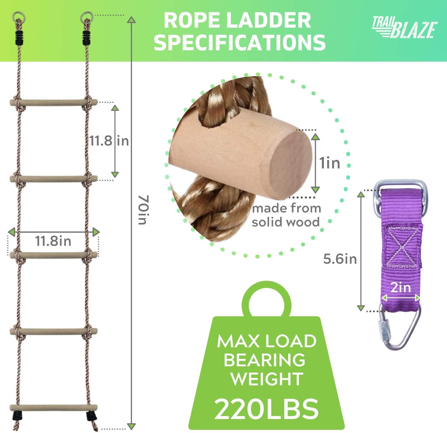 Trailblaze Premium Climbing Rope Ladder for Kids 6ft - Connects to Anything! Ninja Warrior Obstacle Course for Kids, Playground Swingset Accessories, Outdoor Play Equipment for Kids: Toys & Games