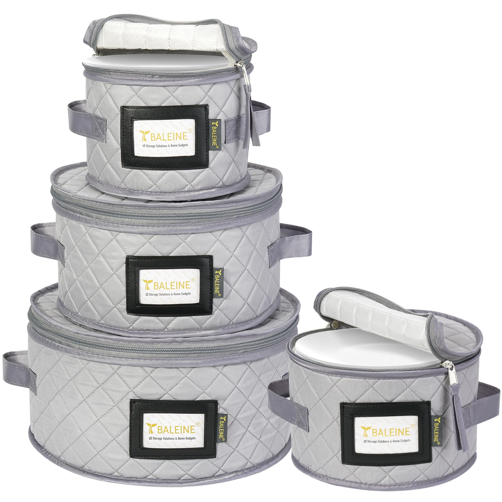 BALEINE China Storage Containers, Sturdy Quilted Wine Glass Storage, Plate Organizer with Carry Handles, Moving Boxes for Dishes, Cups, Mugs and Stemware (Plate Set, Soft Shell Grey) Image