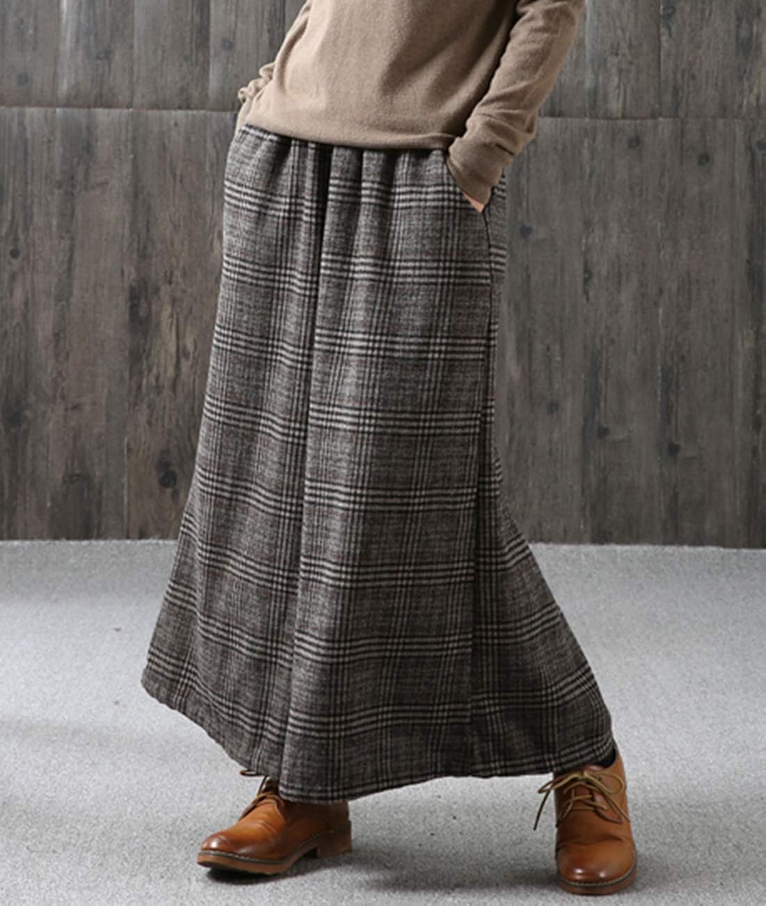 YESNO PK5 Casual Loose Wide Leg Wool Blend Checked Pants Elastic Waist Relaxed Trousers PK5 /Pockets: Clothing