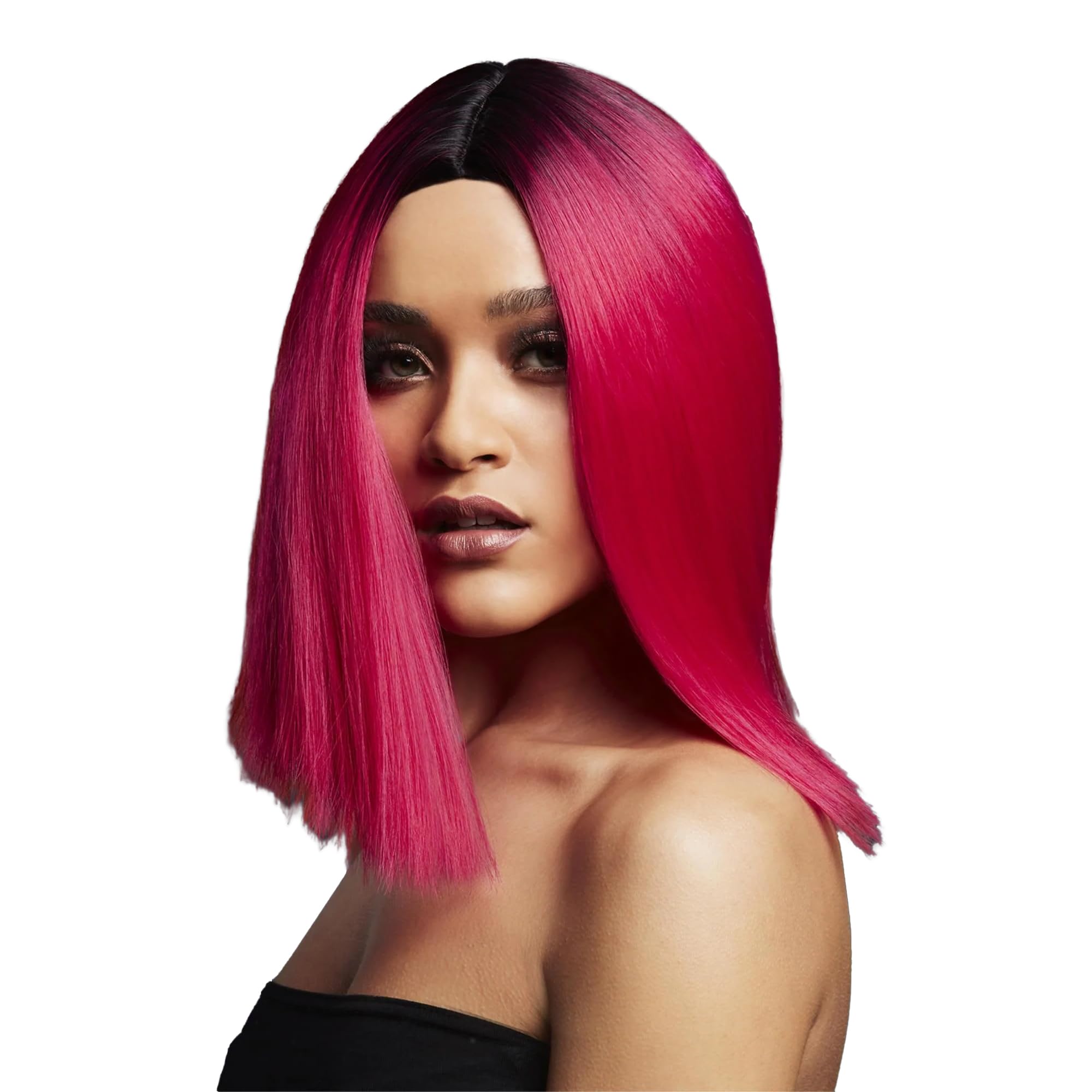 Smiffys Fever Kylie Wig, Two Toned Blend, Magenta Pink Inverted Long Bob, Centre Parting, 37cm/ 15in, Fever Wigs Fancy Dress, Fever Dress Up Wigs