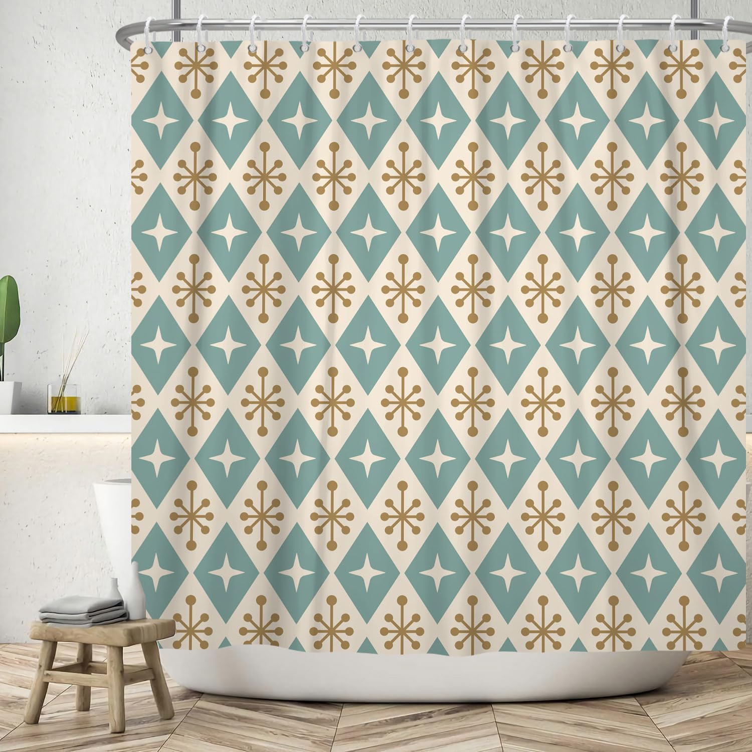ASDCXZ Boho Shower Curtain 180x180 cm, Modern Boho Blue Beige Star Rule Geometry Pattern Bath Washable Shower Curtains Polyester Textile Waterproof Bath Curtain for Bathtub with 12 Hooks