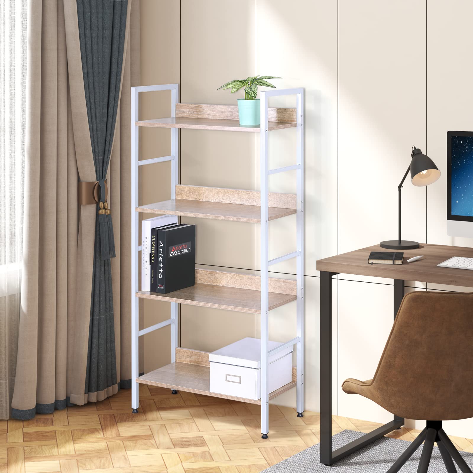 WOLTU Standregal mit 4 Ablagen Bücherregal Küchenregal Badregal aus Holz und Metal, Regale für den Abstellraum 60 x 27,5 x 126 cm Weiß + Hell Eiche RGB9304hei 2