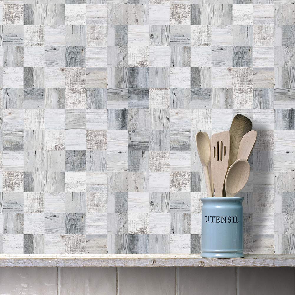 Alwayspon Wall Tile Transfers Sticker for Home Decor, Peel & Stick self-Adhesive splashback, Tile Decals for Living Room Kitchen Bathroom Decor, 25 Pieces Grey Wood Mosaic Tile Sticker