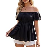 Women's Off Shoulder Boho Floral Blouse Short Sleeve Flowy Dressy Casual Top