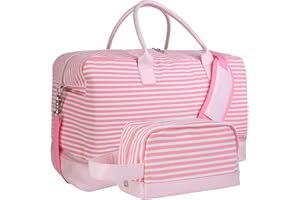 Inspack Weekender Bag with Shoe Compartment for Women, 22x14x9 Gym Duffle Bags with Trolley Sleeve, 45L Sports/Carry on/Travel Tote/Duffel/Overnight/Sports Bag（Pink-White Stripe）