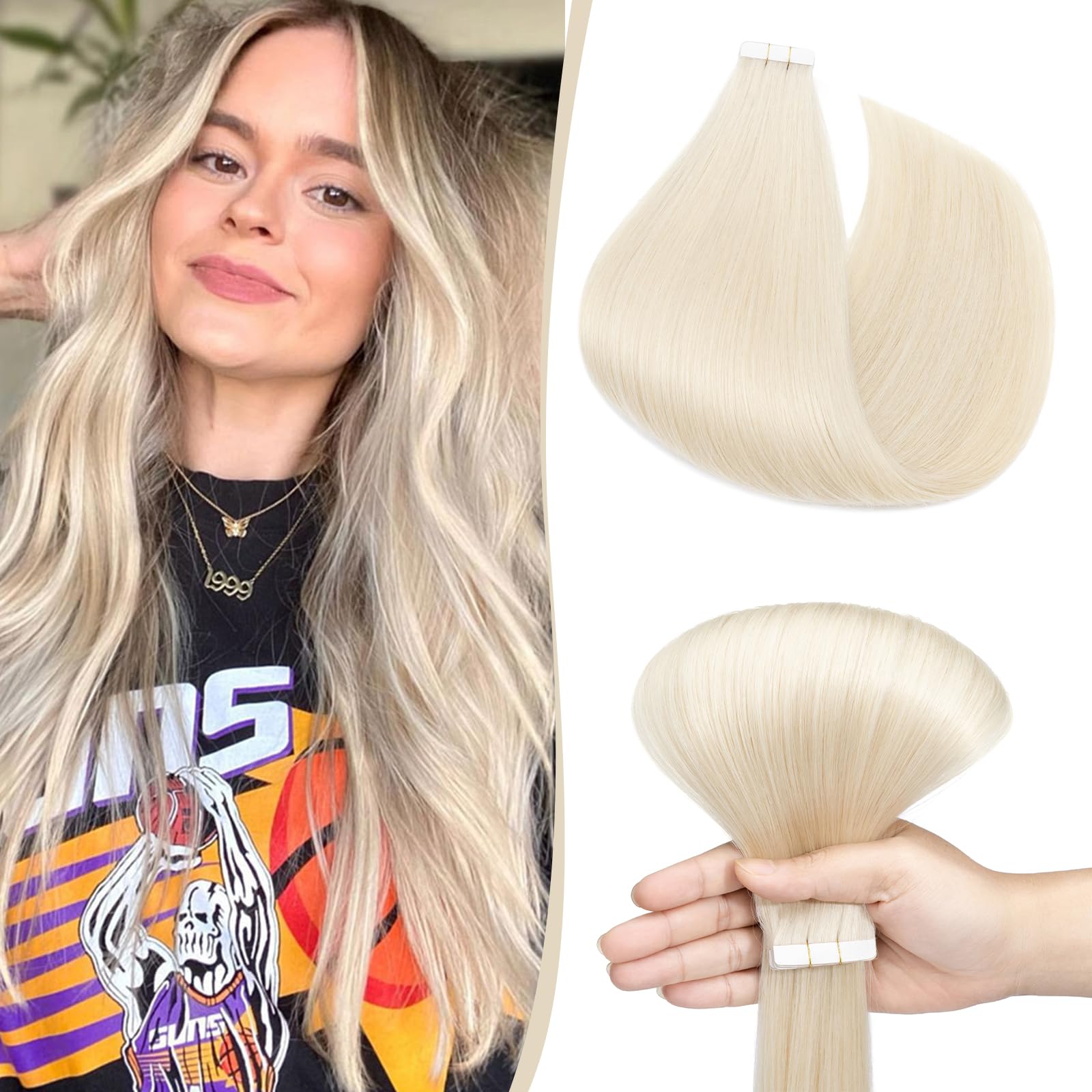 14 inch SEGO Tape in Hair Extensions Blonde 10PCS 100% Real Remy Human Hair Extension Straight Skin Weft Seamless (#70 Bleach White,20g) — image 1