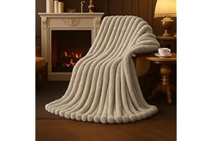 Amélie Home Faux Fur Throw Blanket for Couch, Cozy Fuzzy Fluffy Fur Luxurious Soft Striped Plush Gift Blankets for Family Sofa Chair Bedroom, 55"x70", Beige