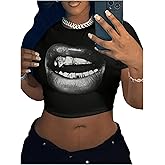 WDIRARA Women's Graphic Lip Print Crop Tee Shirt Round Neck Short Sleeve T-Shirt Slim Fit Top