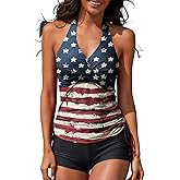 Women Two Piece Tankini Halter Padded Adjustable Drawstring Swimsuit with Boyshorts