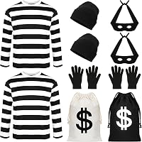 Yaromo 4 Pieces Robber Costume Set, Include Canvas Dollar Sign Money Bags Bandit Eye Mask Knit Beanie Cap For Halloween Cosplay Burglar Theme Party