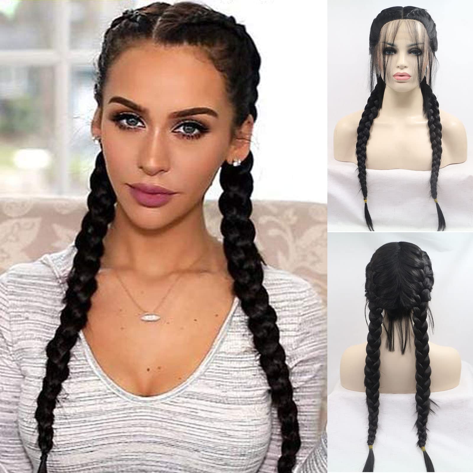 Black Twist Braided Wigs for Women Long Braided Lightweight Wigs with Baby Hair Realistic Full Lace Front Dutch Braids Hair Wig Glueless Synthetic Heat Resistant Cosplay Daily Drag Queen UK 22 Inches — image 1