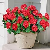 Fake Outdoor Flowers, 4 Pcs Artificial Flowers For Outdoors, Red Artificial Geraniums Plastic Flowers, Fake Plant For Outside, Silk Faux Flowers For Outdoor Planters UV Resistant For Front Porch