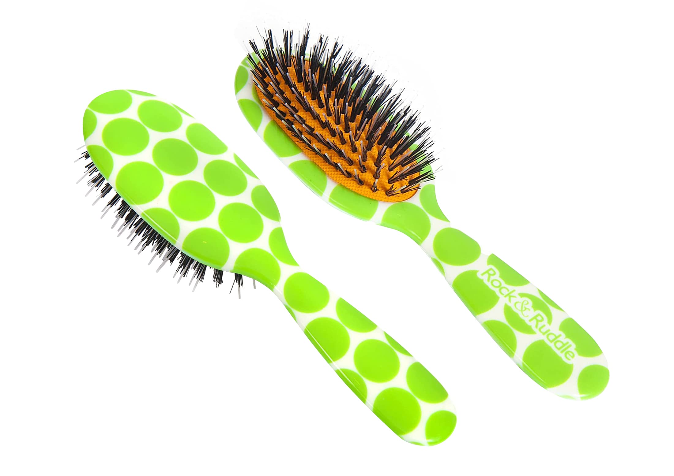 Rock & Ruddle Natural Boar Bristle Hair Brush for Women, Kids (Small/Travel Size, 17.5cm). Perfect for Wet or Dry Hair Detangling, Smoothing and Blowdrying. Green Polka Dots Design, Small
