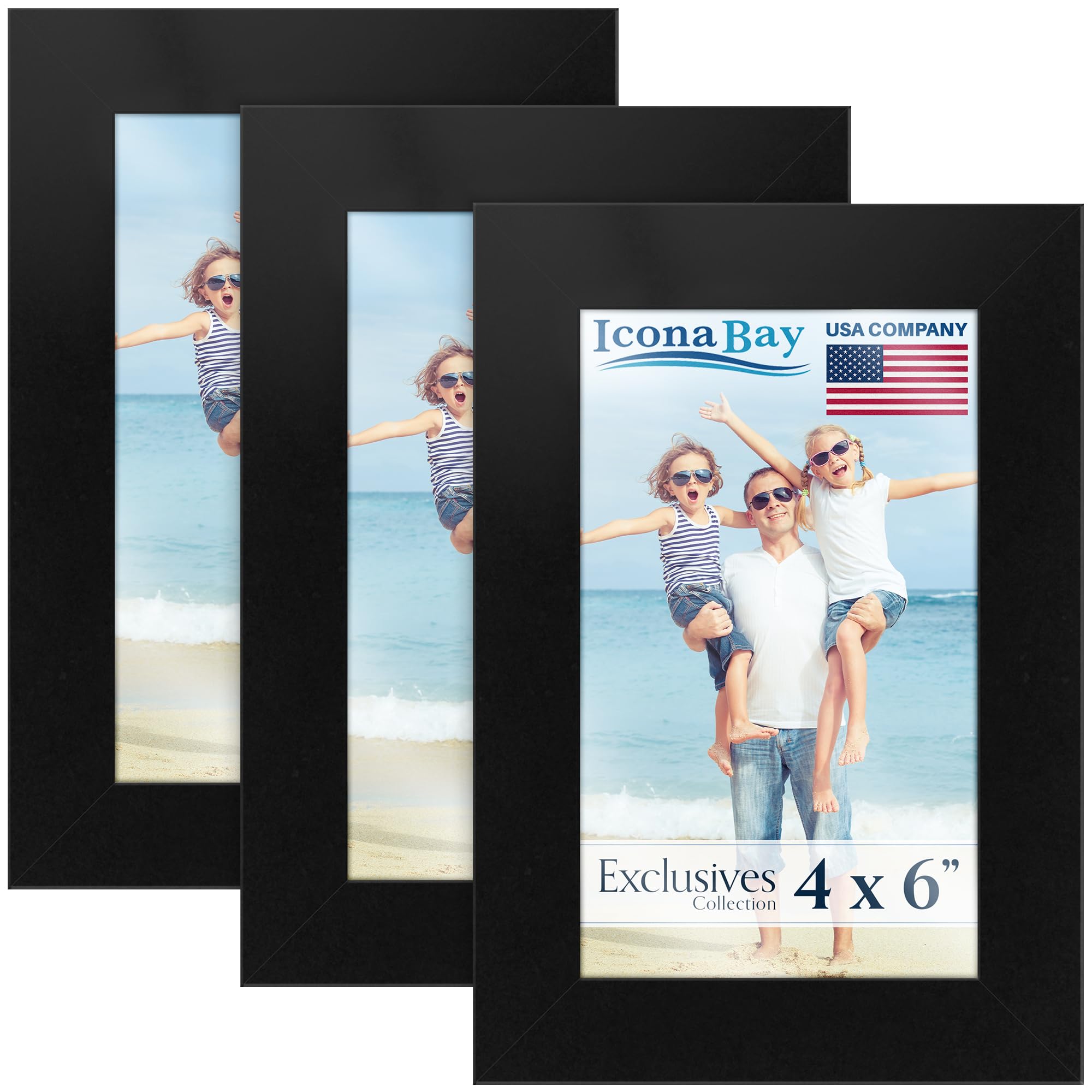 Icona Bay - 6x4 Picture Frames - Black, 3 Pack - Sturdy Engineered Wood Photo Frames 6 x 4 - Sleek Design, Table Top or Wall Mount - Exclusives Collection