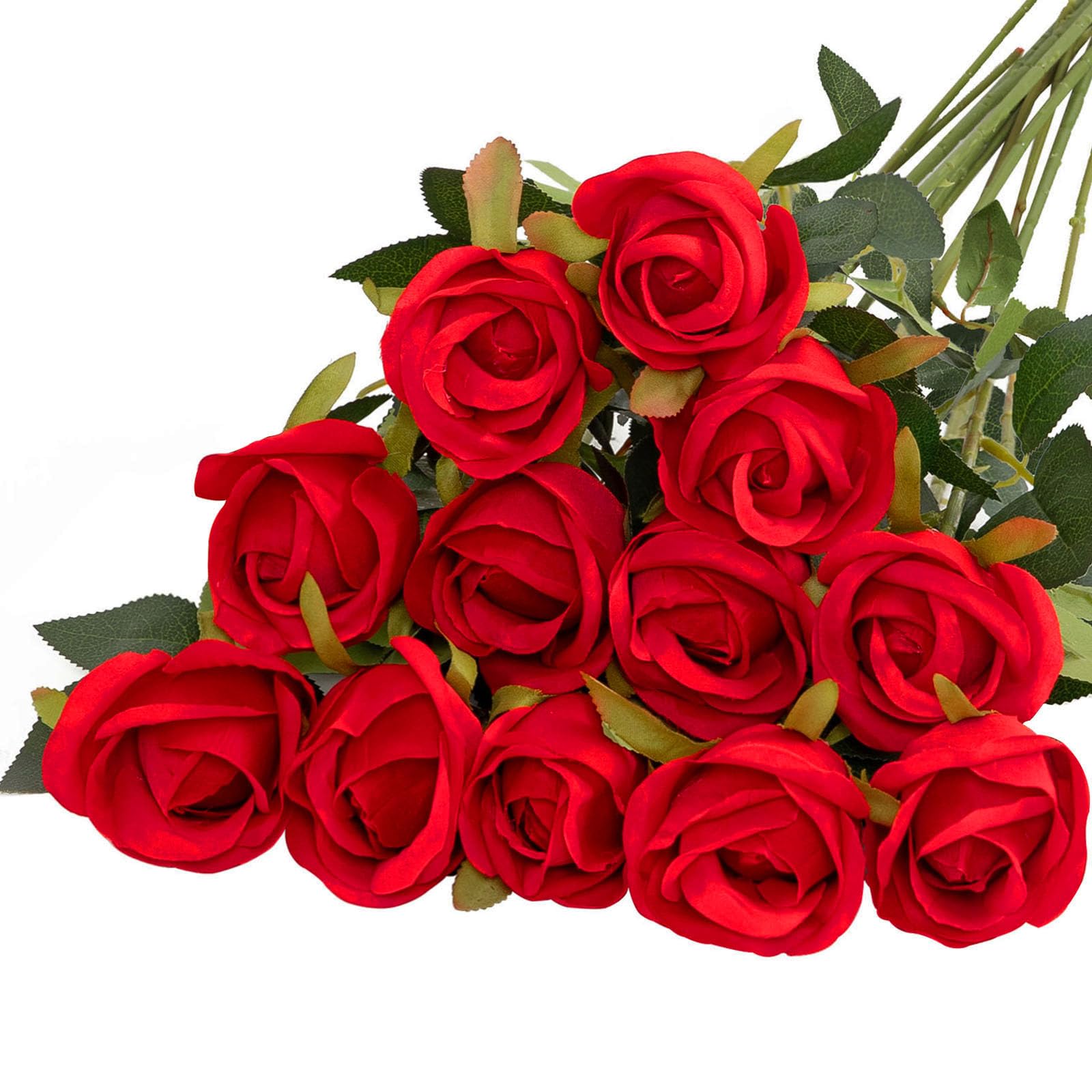 Photo 1 of Veryhome Artificial Red Flowers Silk Roses Fake Bridal Wedding Bouquet for Home Garden Party Floral Decor 10 Pcs (Rose Bud - Red)