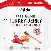 Think Jerky Sriracha Honey Turkey Jerky, Chef Crafted Free Range Turkey, Gluten Free, No Antibiotics or Nitrates, Healthy Chef Crafted Recipe, Low Calorie and Low Fat - 1.0 oz Bags, 8 Pack