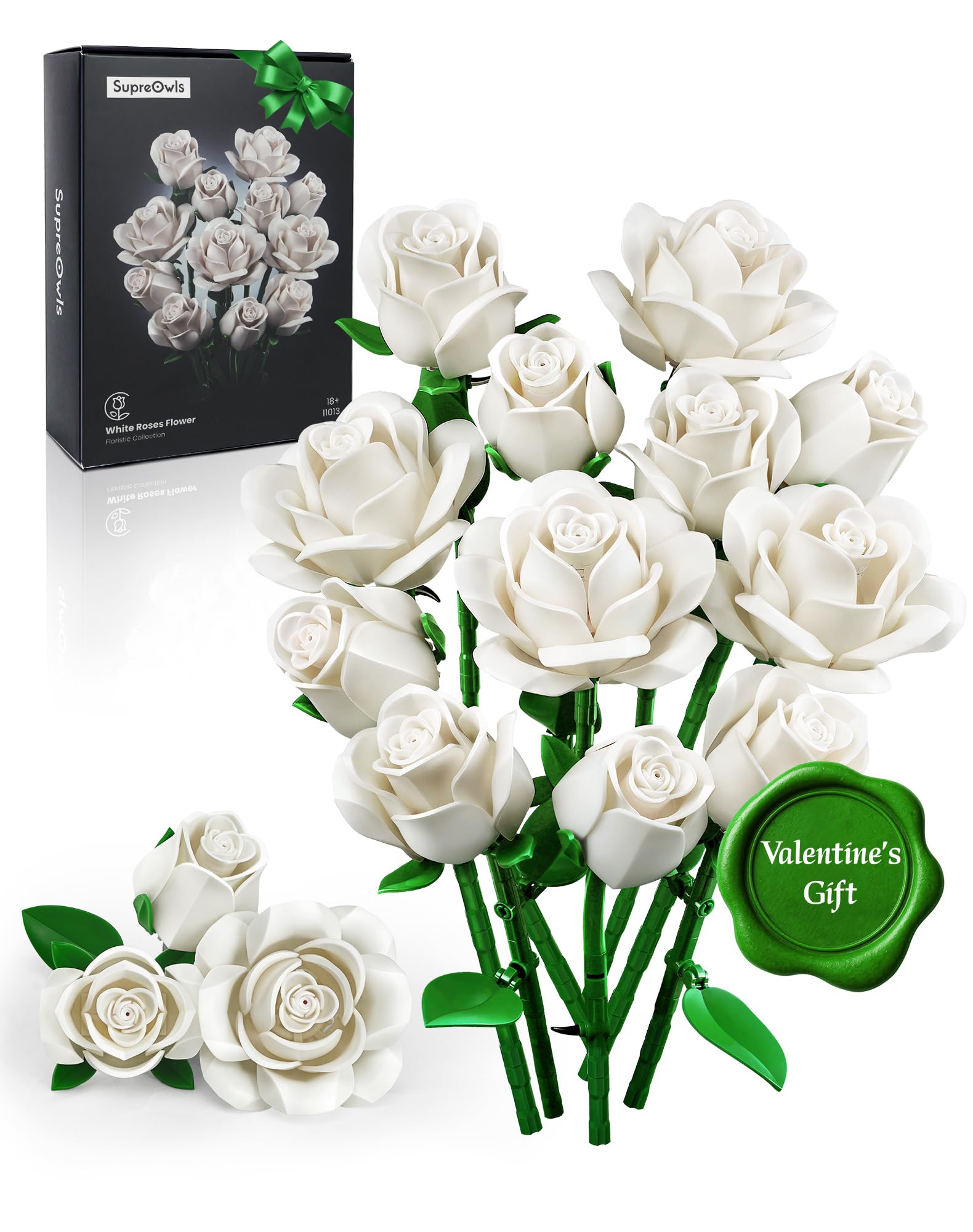 iATOM White Rose Bouquet Building Set, 12Pcs Wedding Flower Botanical Collection for Adult, Valentine's Day Gift for Her/Girlfriend/Mom/Wife/Couple, Boho Modern Home Office Table Centerpiece Decor Image