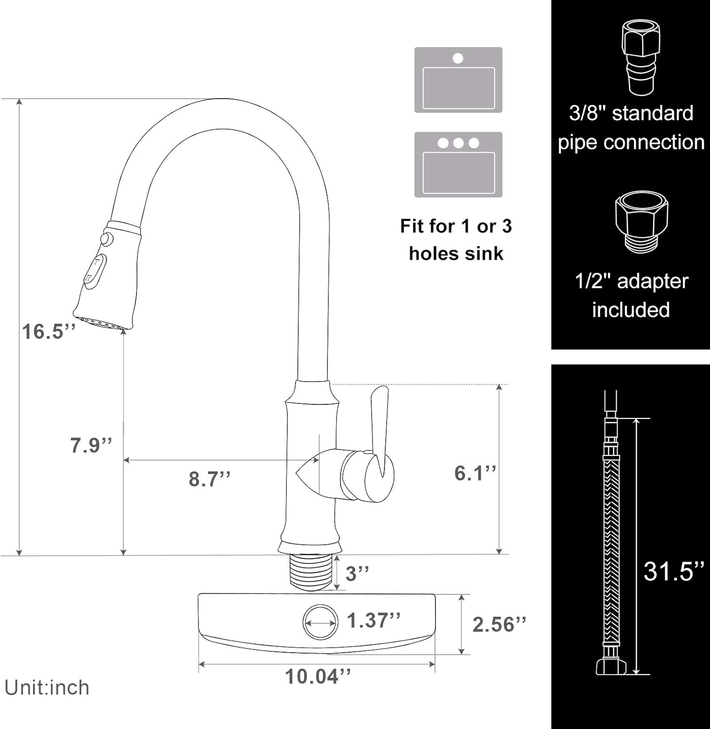 Pull Down Kitchen Sink Faucet Contemporary Matte Black Single Handle Gooseneck Stainless Steel Pull Out Kitchen Faucet with Sprayer Peppermint - - 