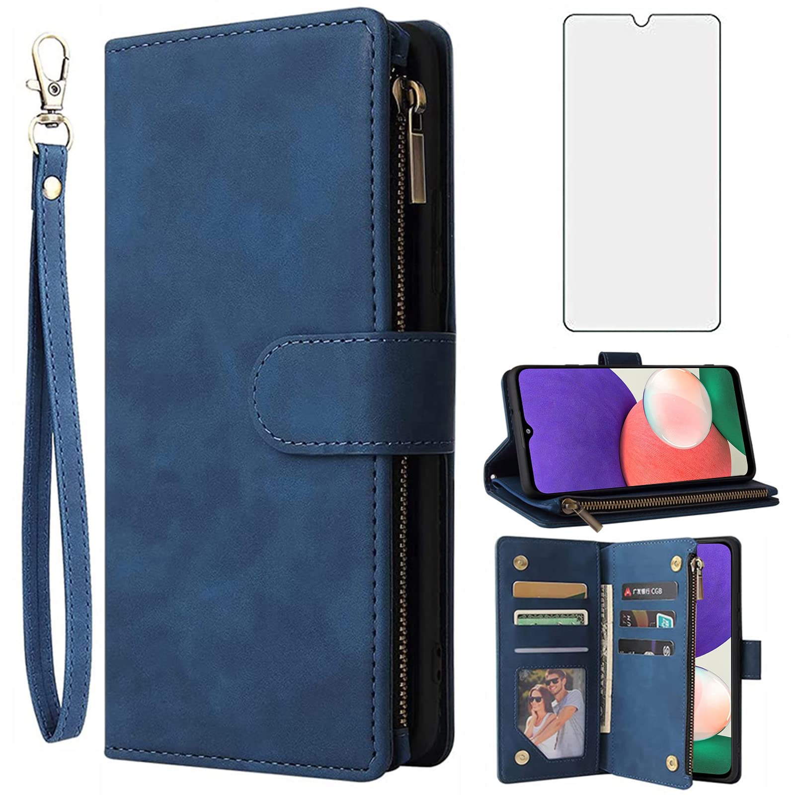 Asuwish Compatible with Samsung Galaxy A22 5G Wallet Case Tempered Glass Screen Protector and Leather Flip Cover Card Holder Stand Cell Phone Cases for Glaxay A22S A 22 Gaxaly 22A S22 Women Men Blue