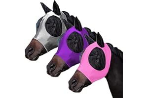 FOXLVDA 3 Pcs Horse Fly Mask-Fly Masks for Horses with Ears, Breathable Elastic Fabric for Sun Protection for Large/Medium Size Adult Horses (Purple-Pink-Gray, Large)