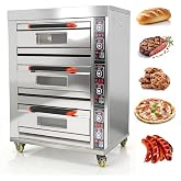 TECHTONGDA Commercial Convection Oven Stainless Steel Electric Triple Deck Pizza Oven with Universal Wheels Three-phase 208V 19800Watt for Restaurant Kitchen Bakery