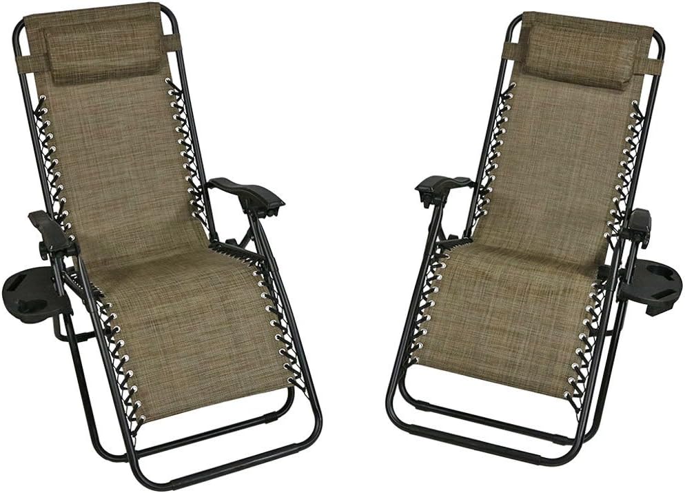 Sunnydaze Outdoor Zero Gravity Lounge Chair with Pillow and Cup Holder, Folding Patio Lawn Recliner, Set of 2, Brown: Kitchen & Dining