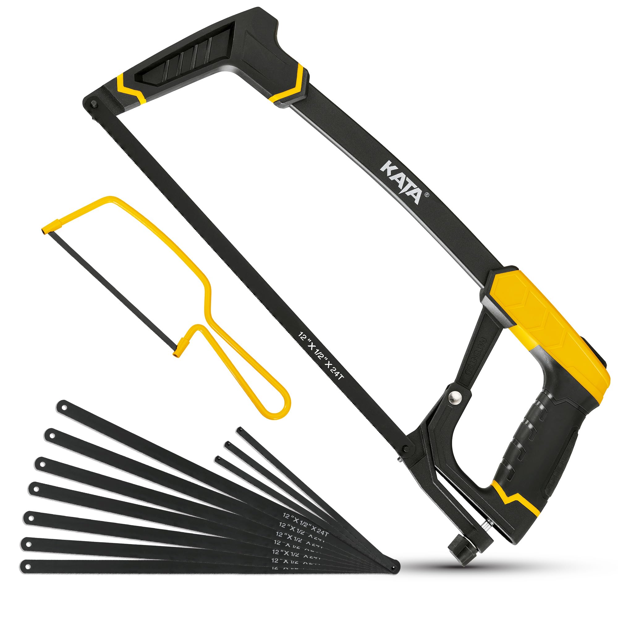 KATA High-Tension Hacksaw Frame Set, 12" Hacksaw, 6" Mini Hack Saw, Extra 7-Pieces 12" Carbon Steel Blades and 3-Pieces 6" 65Mn Steel Blades Included, Handsaw for Metal, Wood, PVC Pipes