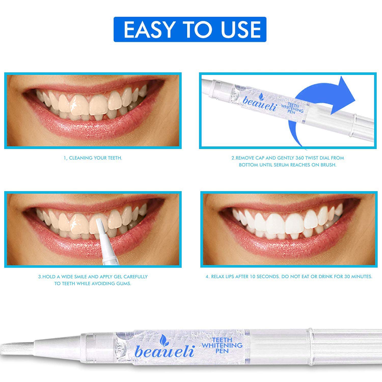 Beaueli Teeth Whitening Pen, 3 Pack, 35% Carbamide Peroxide, Natural Mint Flavor, Glycerin Drops, Safe, Easy to Use, Effective, Painless, Travel Friendly, No Sensitivity, Beautiful White Smile : Toothpastes : Beauty