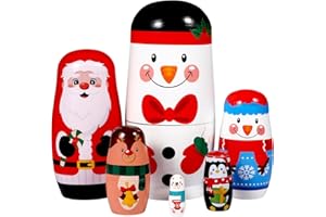 Ciieeo 6 Pcs Russian Christmas Nesting Dolls Wooden Handmade Matryoshka Nested Set Russian Stacking Dolls Toys for Christmas Snowman Santa Claus Theme Children Toddlers Birthday Party Favors