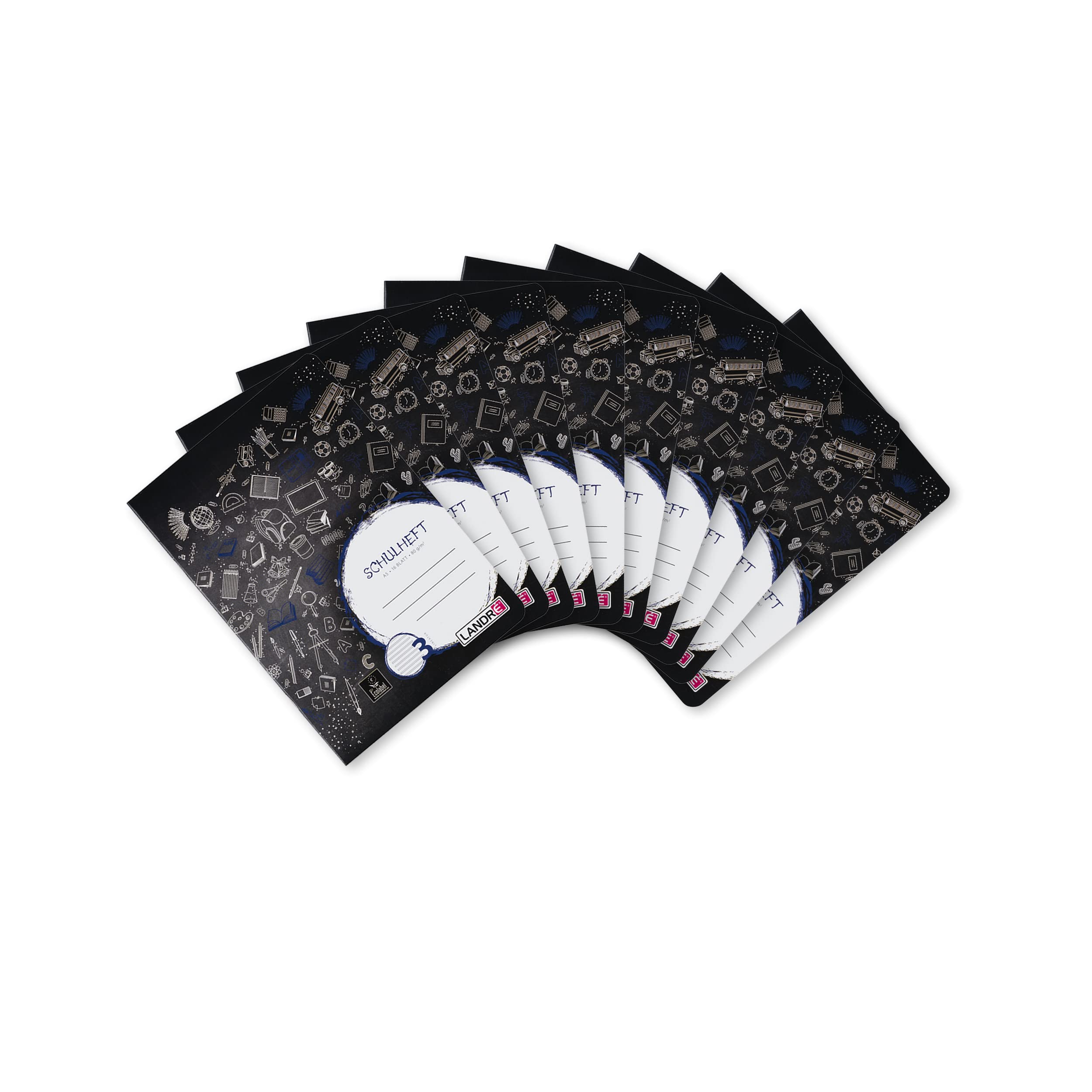 Landre 100050069 Lined School Notepad A5 (16 Sheets of 80 g/m² Fine, Wood Writing Paper with Type 3 Ruling) Pack of 10 in 3 Assorted Designs