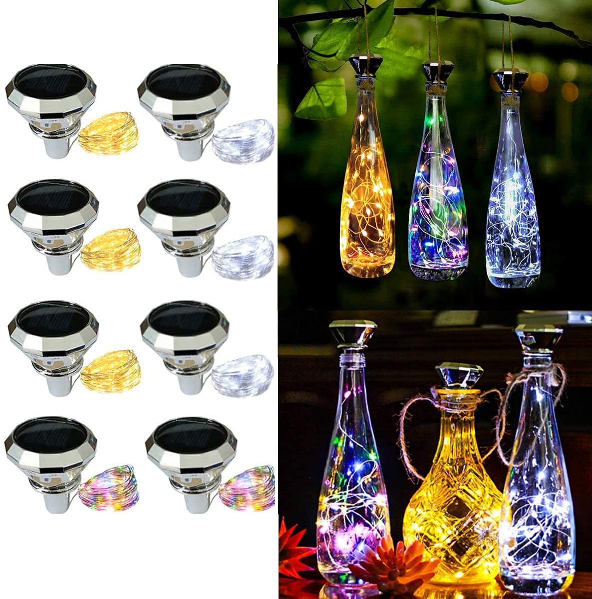 lifemet Solar Bottle Lights Outdoor Waterproof Colorful - 8 Pack Wine Bottle Night Light Christmas Decorations Gift Led Diamond Shaped Wine Cork String Fairy Lamp for Garden Indoor Outside Party