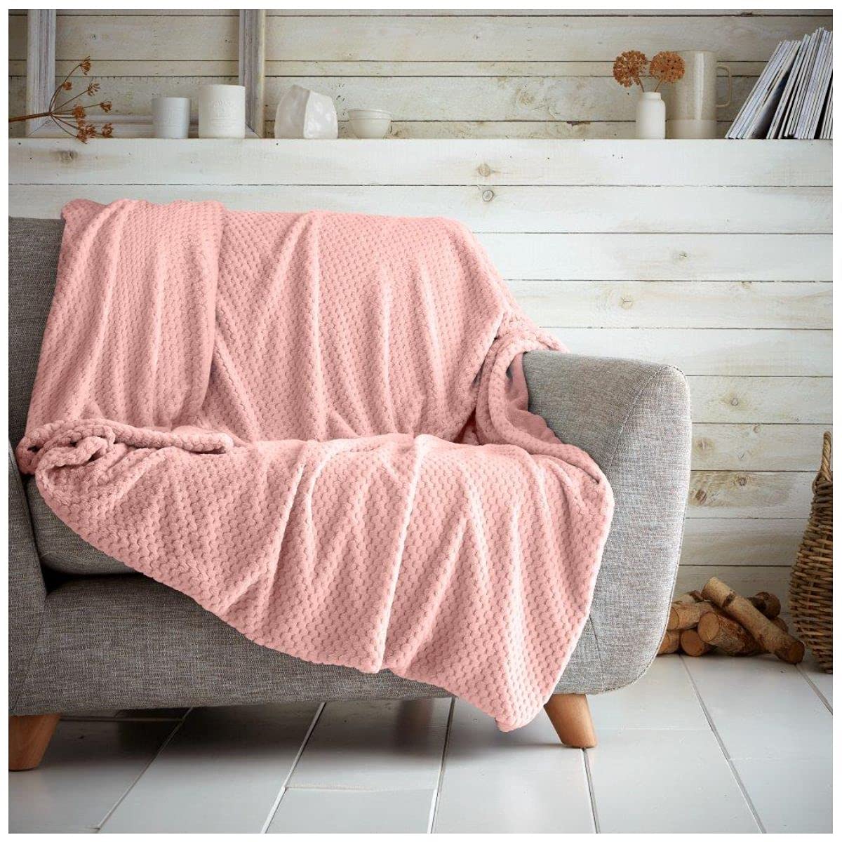 GC GAVENO CAVAILIA Luxury Popcorn Honey Comb Sofa Bed Blanket, Easy Care Super Soft & Warm Fluffy Settee Waffle Throw, Blush Pink, 150X200, 651291
