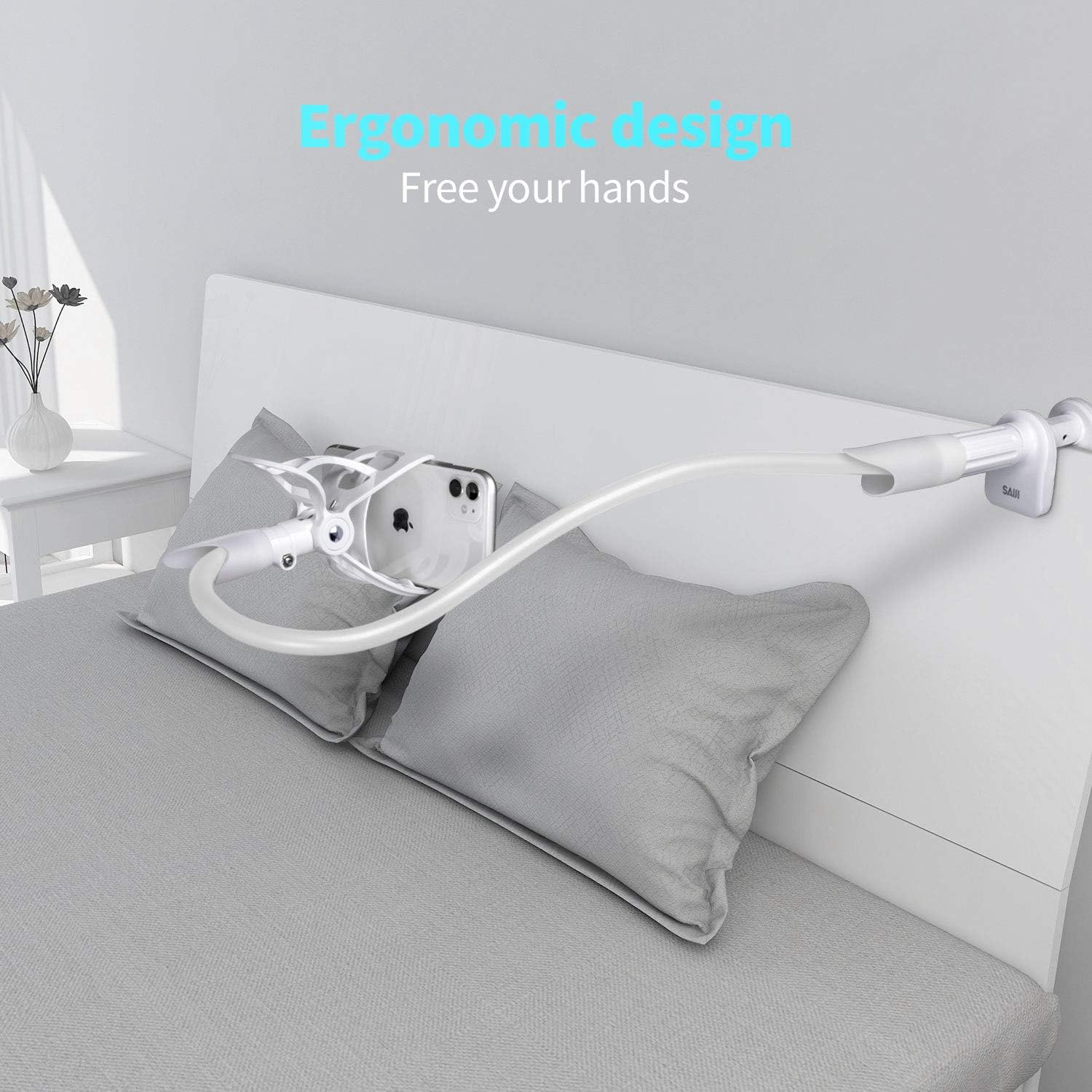 Gooseneck Bed Phone Holder, SAIJI Flexible Long Arm Phone Mount for Desk, Clip Bracket Clamp Stand for 4.0-6.5'' Mobile Cell Phone Stand Document Camera Nintendo Switch (Black)