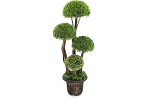 DREAMADE 3ft. Artificial Cypress Topiary Tree, Ball Shaped Faux Cedar Trees w/Retro Cement Pot, 4 Boxwood Topiary Balls, Outdoor Plants Artificial for Porch, Foyer, Garden, Front Door