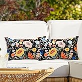 Virexen Pack of 2 Waterproof Outdoor Throw Pillows Cover 12x20 Inch Colorful Floral Decorative Farmhouse Rectangle Pillowcases Outdoor Lumbar Pillows for Patio Furniture Garden,Black Flower