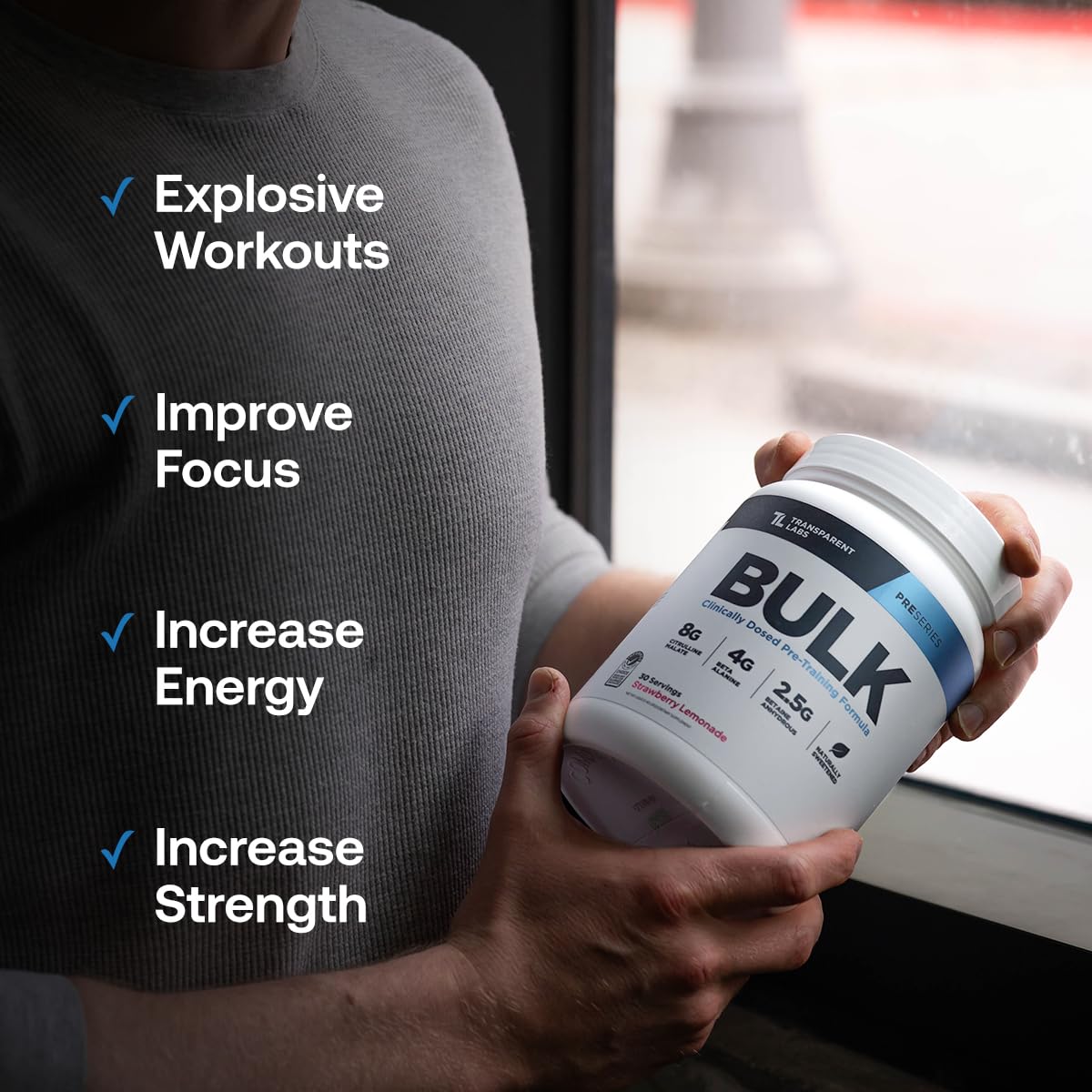 Transparent Labs Bulk Pre Workout Powder - Naturally Sweetened Advanced Pre-Workout Formula for Muscle Building and Strength - 30 Servings, Strawberry Lemonade