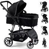 Baby Stroller, 2-in-1 Reversible Toddler Seat with Lie-Flat Mode, Foldable Infant Stroller with Canopy, One Button Brake, Adjustable Handle, Newborn Pushchair (Black B)