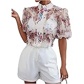 OYOANGLE Women's Floral Print Mesh Sheer Pearl Button Down Blouse Mock Neck Puff Short Sleeve Ruffle Trim Shirt