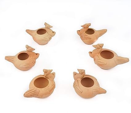 Terracotta Natural Earthen Clay Handmade Designer Peacock Designer Diya’s Idol Made with Natural Clay and Oil Lamps for Festival and Home Decor and Gifting Purpose Pack of 6
