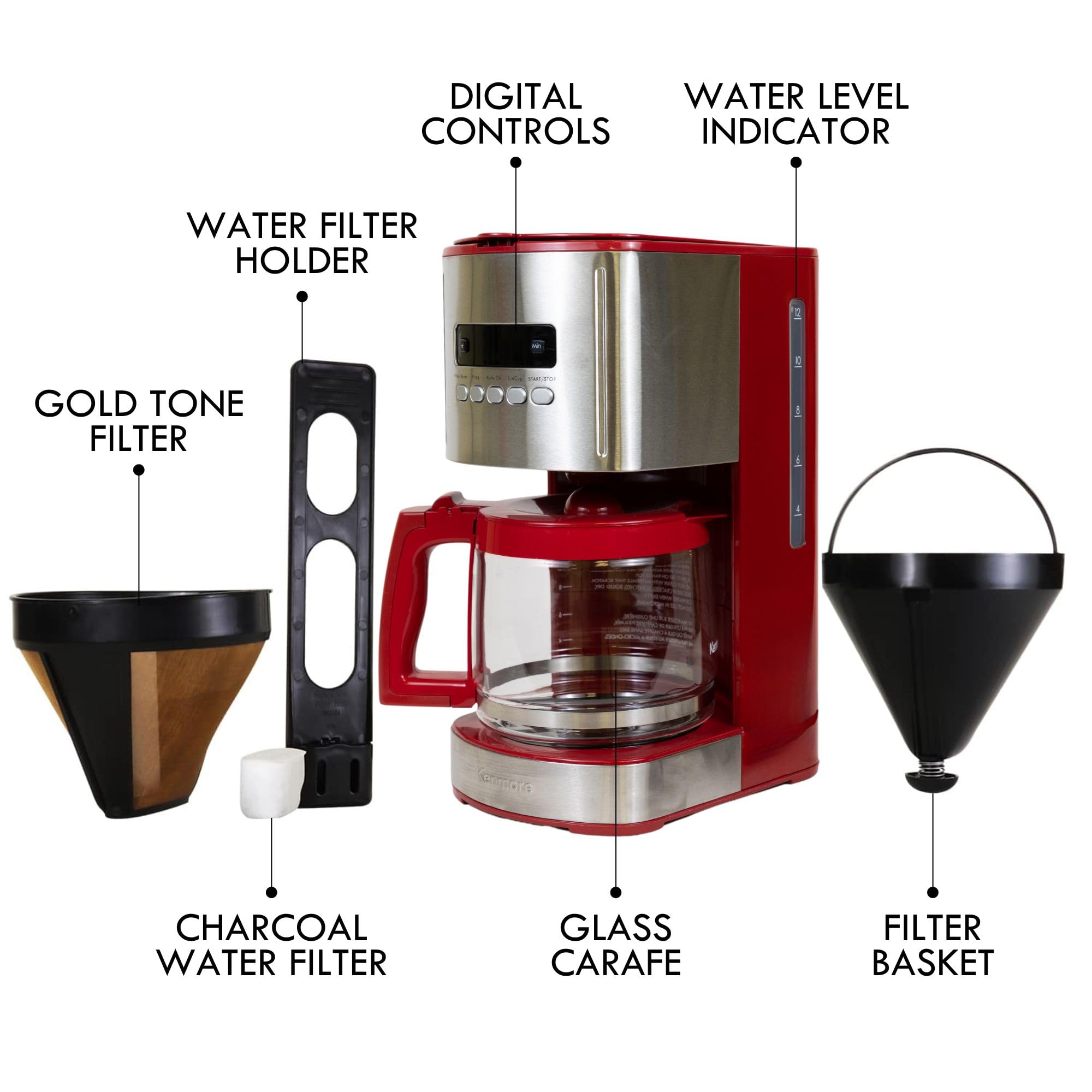 Kenmore Cafetera de goteo: máquina de café programable con olla de vidrio, preparación regular y audaz, depósito de agua grande con apagado automático, filtro reutilizable, electrodomésticos de cocina para cafetería barista, 12 tazas, color rojo