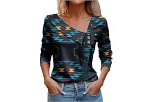 Attine Spring Going Out Tops for Women 2024 Cute Print T Shirts Long Sleeve V Neck Blouse Asymmetric Lapel Button Tees Shirts